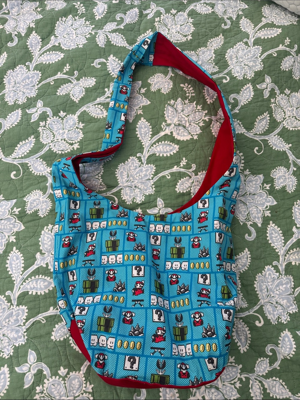 Hand Crafted Blue Pixel-Game Shoulder Bag with Red Trim Super Mario Brothers
